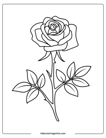 Coloring Page Of A Single Blooming Rose With Layered Petals And A Slender Stem, Perfect For Floral Artistry.
