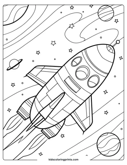 Rocket Ship Coloring Page With A Whimsical Journey Through Space, Featuring Stars And Cosmic Dust For Creative Coloring.