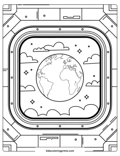 Coloring Page Showing Earth Viewed From Space, Framed By A Spacecraft Window With Stars In The Background.