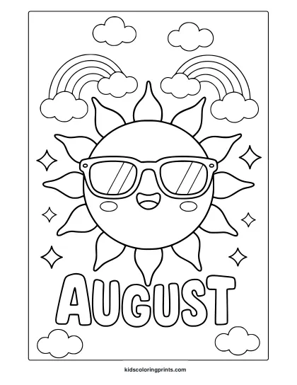 Coloring Page With Smiling Sun Wearing Sunglasses, Rainbows, And Sparkles In A Cheerful August Scene.
