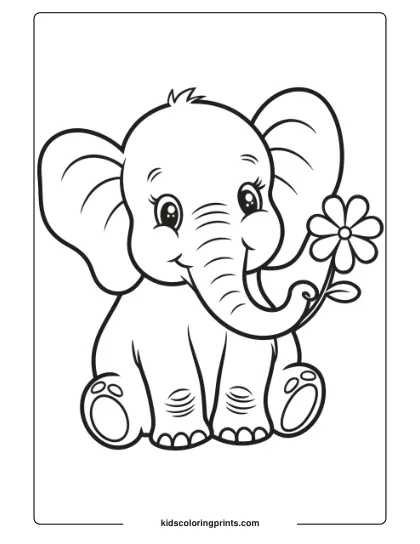 Coloring Page Of An Adorable Elephant Holding A Flower.