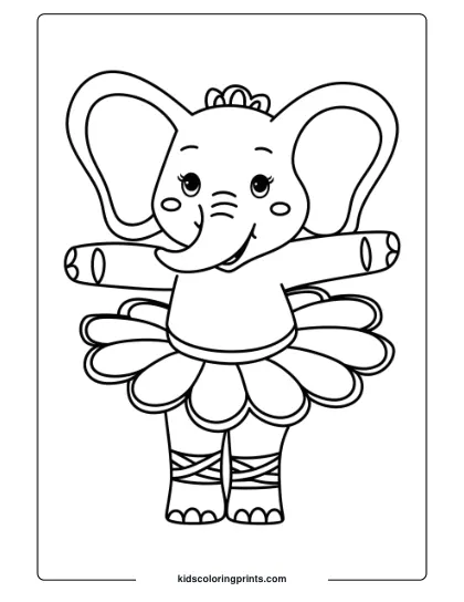 Coloring Page Of A Tutu-Wearing Elephant Dancing.
