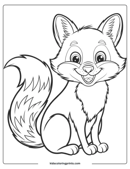 Fox Coloring Page Featuring An Adorable Fox Sitting Happily With A Fluffy Tail And Expressive Eyes, Perfect For Young Artists.