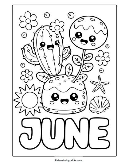 Coloring Page With Kawaii Cactus, Moon, Flowers, Sun, And &Quot;June&Quot; Text In A Desert-Themed Layout.