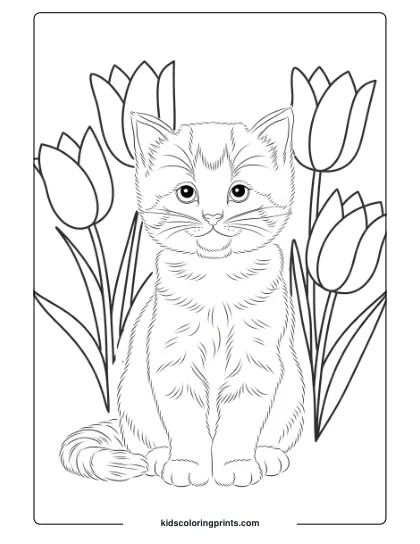 A Cute Kitten Sitting Among Tulips, Capturing The Charm Of Springtime In This Floral Coloring Page.