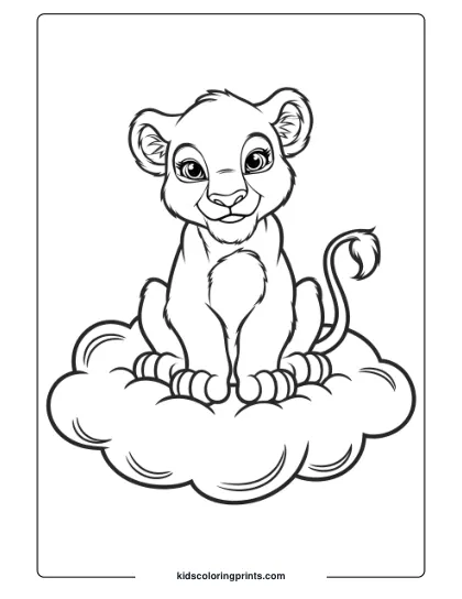 A Young Lion Cub Sitting On A Soft Cloud, Offering A Whimsical And Fun Lion Coloring Page For Children.