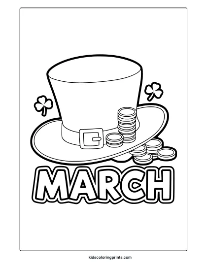 A St. Patrick’s Day Coloring Page Featuring A Leprechaun’s Hat, Gold Coins, And Clovers For A Festive Design.