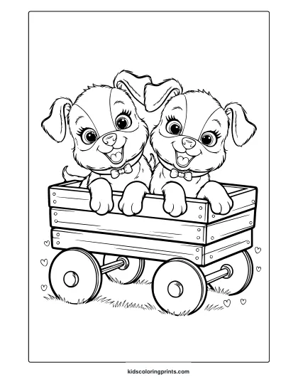 Two Puppies In A Wooden Wagon On The Grass. A Charming And Fun Puppy Coloring Page For All Ages.