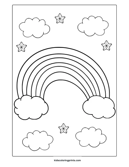 Adorable Rainbow Coloring Page With Stars And Clouds In A Simple Cute Design.