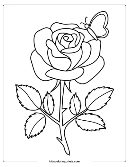 Rose Coloring Page With A Butterfly Companion, Highlighting Nature’s Beauty And Delicate Friendship In This Design.