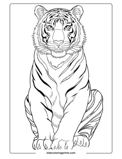 Adorable Tiger Coloring Page With A Calm Tiger In A Seated Pose, Showing Intricate Patterns.