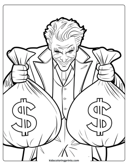 A Confident Figure Holds Two Money Bags In The Advanced Joker Coloring Page, Showcasing A Jovial Character With Wavy Hair And A Suit. The Bags, Marked With Dollar Signs, Emphasize A Theme Of Wealth Or Success, As The Character Displays Them With Pride.
