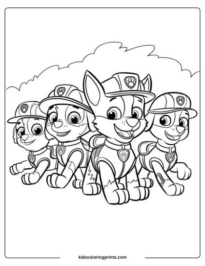 Paw Patrol Coloring Page Featuring Four Pups In Uniform, Standing Against A Cloudy Sky On A Mission.