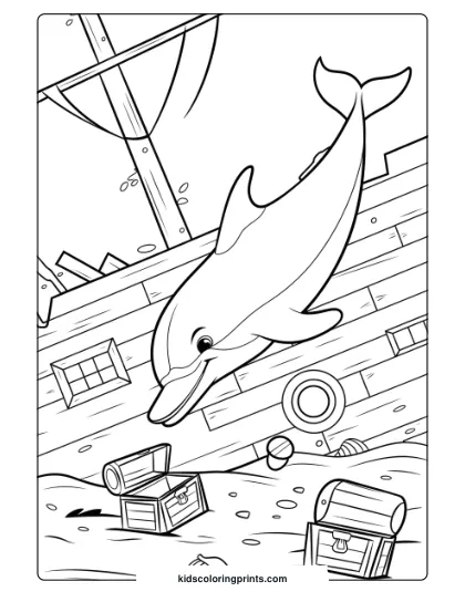 A Dolphin Exploring A Sunken Ship With Treasures, Creating A Thrilling Coloring Page.