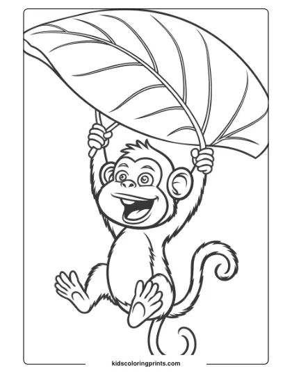 A Monkey Coloring Page Showing A Cheerful Monkey Using A Leaf As A Parachute, Mid-Air In A Playful Pose.