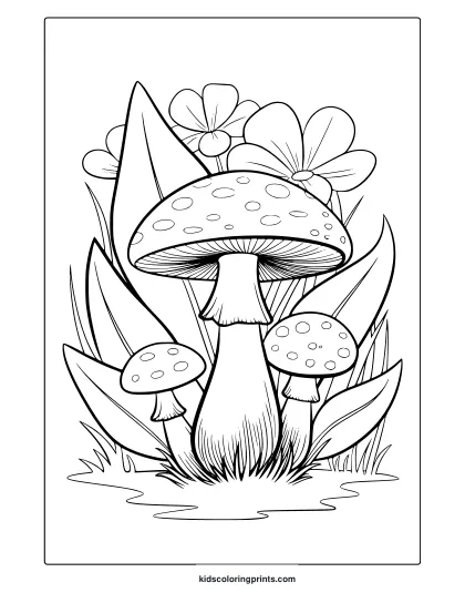Stylish Mushroom Design With Floral Elements And Small Mushrooms In An Aesthetic Coloring Page.