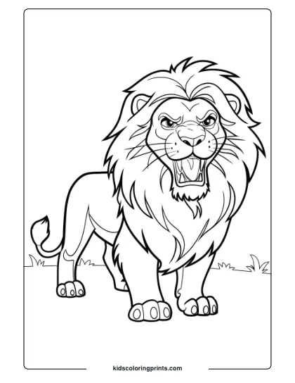 Alex The Lion Roaring In A Grassy Landscape, A Perfect Coloring Page For Children To Explore Their Creativity.