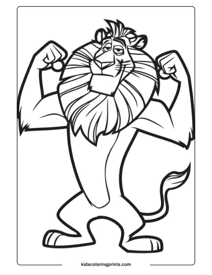 A Strong Lion Character, Alex, Flexing His Muscles, Providing A Fun Lion Coloring Page For Children.