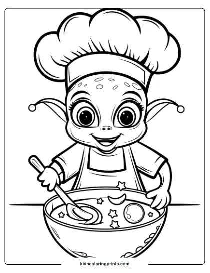 Coloring Page Of An Alien Chef Preparing Space Snacks With A Bowl Of Stars, Adding Fun To Cosmic Adventures.