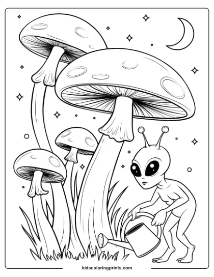 Coloring Page Of An Alien Gardening With Space Mushrooms, In A Magical, Cosmic Setting With Stars And A Crescent Moon.