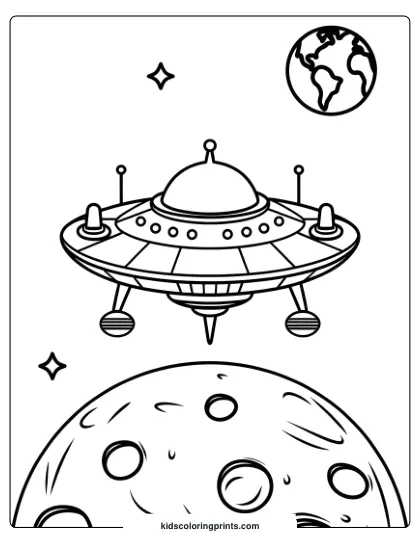Coloring Page Of An Alien Spaceship Hovering Above A Moon With Stars And Earth, Creating A Cosmic Atmosphere.