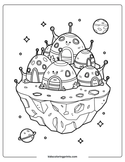 Coloring Page Of An Alien Village On A Floating Asteroid, Complete With Unique Dome Structures And Celestial Objects.