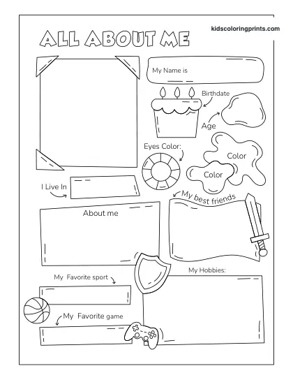 Creative All About Me Worksheet For Boys Featuring Drawing Spaces And Fun Personal Prompts.