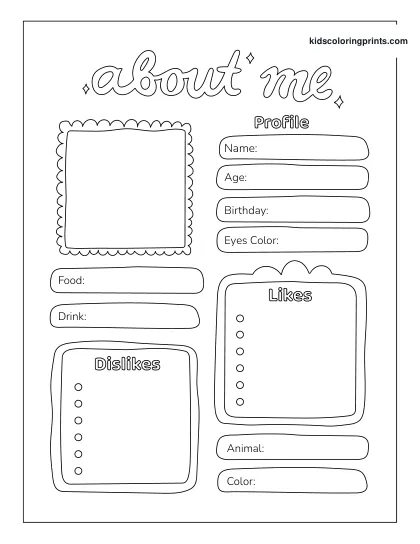 Printable All About Me Worksheet For Girls To Write About Their Hobbies, Colors, And Favorites.