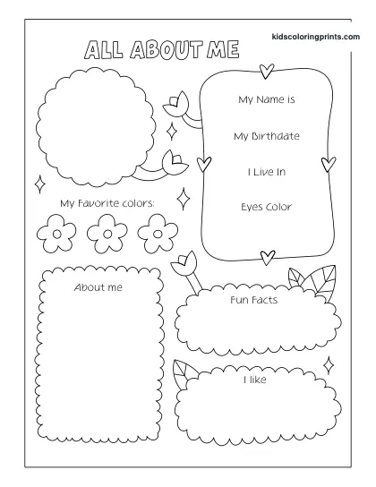 Lovely All About Me Worksheet For Girls To Share Their Name, Birthdate, And Favorite Activities.