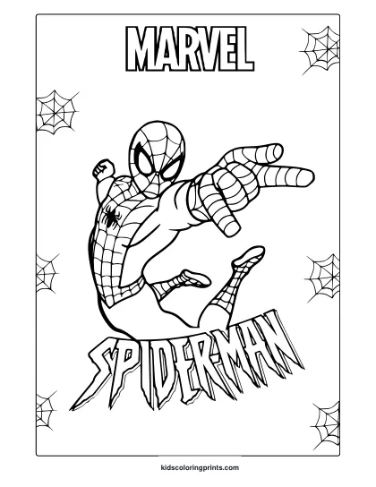 Amazing Spider-Man Coloring Page With Jumping Pose And Detailed Web Patterns.
