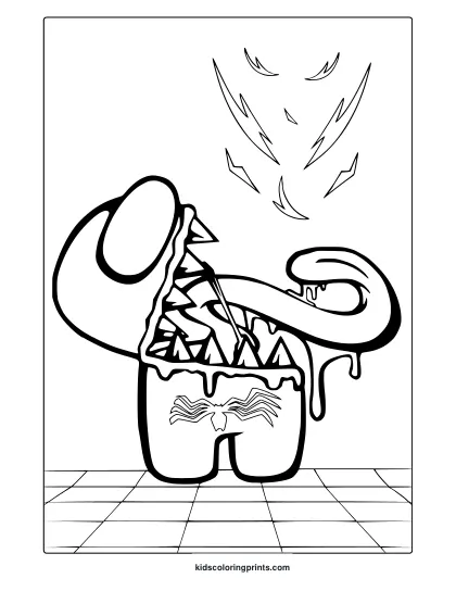 Among Us And Venom Mashup Coloring Page Featuring A Melting Cartoon Style With Bold And Clean Outlines.