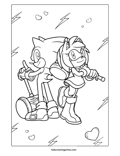 Coloring Page With Sonic And Amy Posing Together With Heart And Lightning Designs.