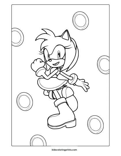 Coloring Page With Amy Rose Posing Boldly With Floating Ring Background.