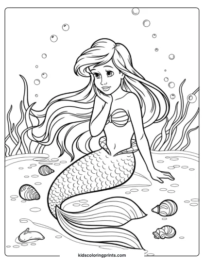 Andersen's Little Mermaid Sitting Underwater Surrounded By Seashells, Seaweed, And Fish In This Serene Coloring Page.