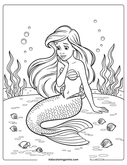 Andersen's Little Mermaid Sitting Thoughtfully Underwater, Surrounded By Sea Creatures In This Peaceful Coloring Page.
