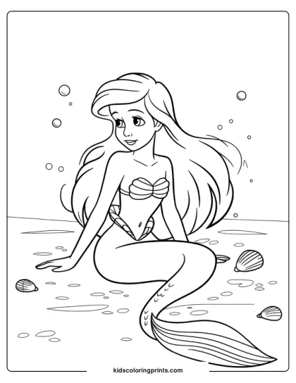 Andersen's Little Mermaid Sitting Gracefully Underwater With Bubbles And Seashells In This Coloring Page.