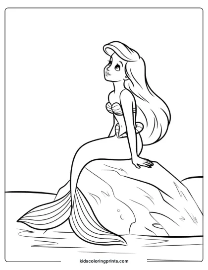 Andersen's Little Mermaid Sitting On A Rock, Gazing Into The Distance With Long Flowing Hair In This Coloring Page.