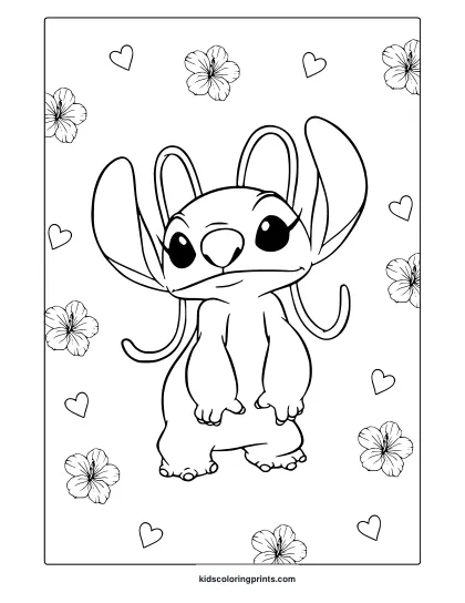 Angel Coloring Page With Hibiscus Flowers And Small Hearts, Drawn In A Simple, Cute Cartoon Style Without Shading.