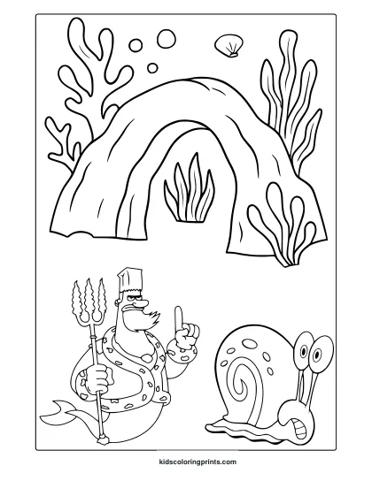 King Neptune And Gary The Snail In An Underwater Coloring Page With Seaweed And Coral Elements.