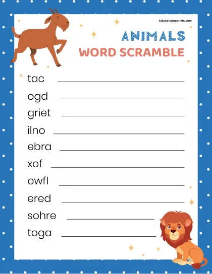 Free Printable Animals Word Scramble For All Ages To Learn And Recognize Animal Names.