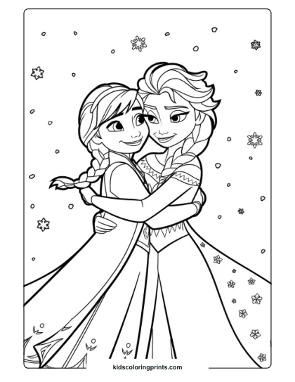 Anna And Elsa Hugging In The Snow In This Printable Coloring Page, Showcasing The Close Bond Between The Frozen Sisters.