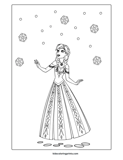 Coloring Page Of Anna In A Patterned Gown With Braids, Surrounded By Snowflakes And Circles.