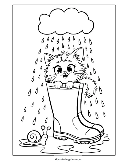 April Rain Coloring Page With A Cute Kitten Inside A Boot, Surrounded By Raindrops And A Small Snail.
