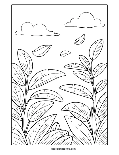 April Dew Drops Coloring Page With Fresh Leaves Covered In Raindrops And A Cloudy Sky.