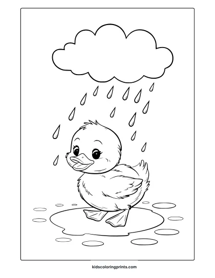 April Duckling Coloring Page Featuring A Cute Duckling In The Rain, Surrounded By Puddles.
