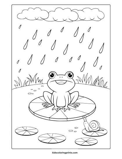 April Frog Coloring Page With A Cheerful Frog On A Lily Pad, Raindrops, And A Little Snail.