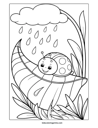April Ladybug Coloring Page With A Ladybug Resting On A Leaf, Raindrops, And A Peaceful Nature Scene.