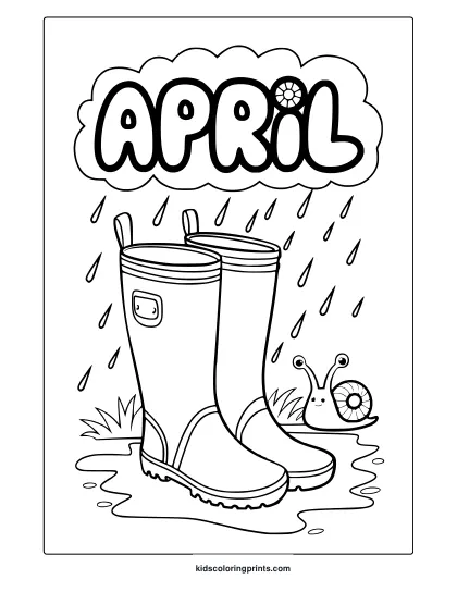 April Rain Boots Coloring Page With Puddles, Raindrops, And A Small Snail Under A Cloud.