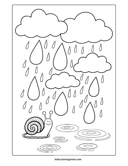 April Raindrops Coloring Page Featuring A Cheerful Snail, Rain Puddles, And Fluffy Clouds In A Relaxing Scene.