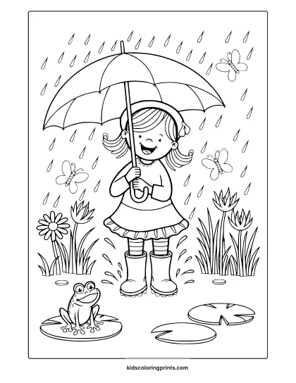 April Showers Coloring Page With A Happy Girl Jumping In Puddles, Enjoying The Rain With Flowers And Butterflies.